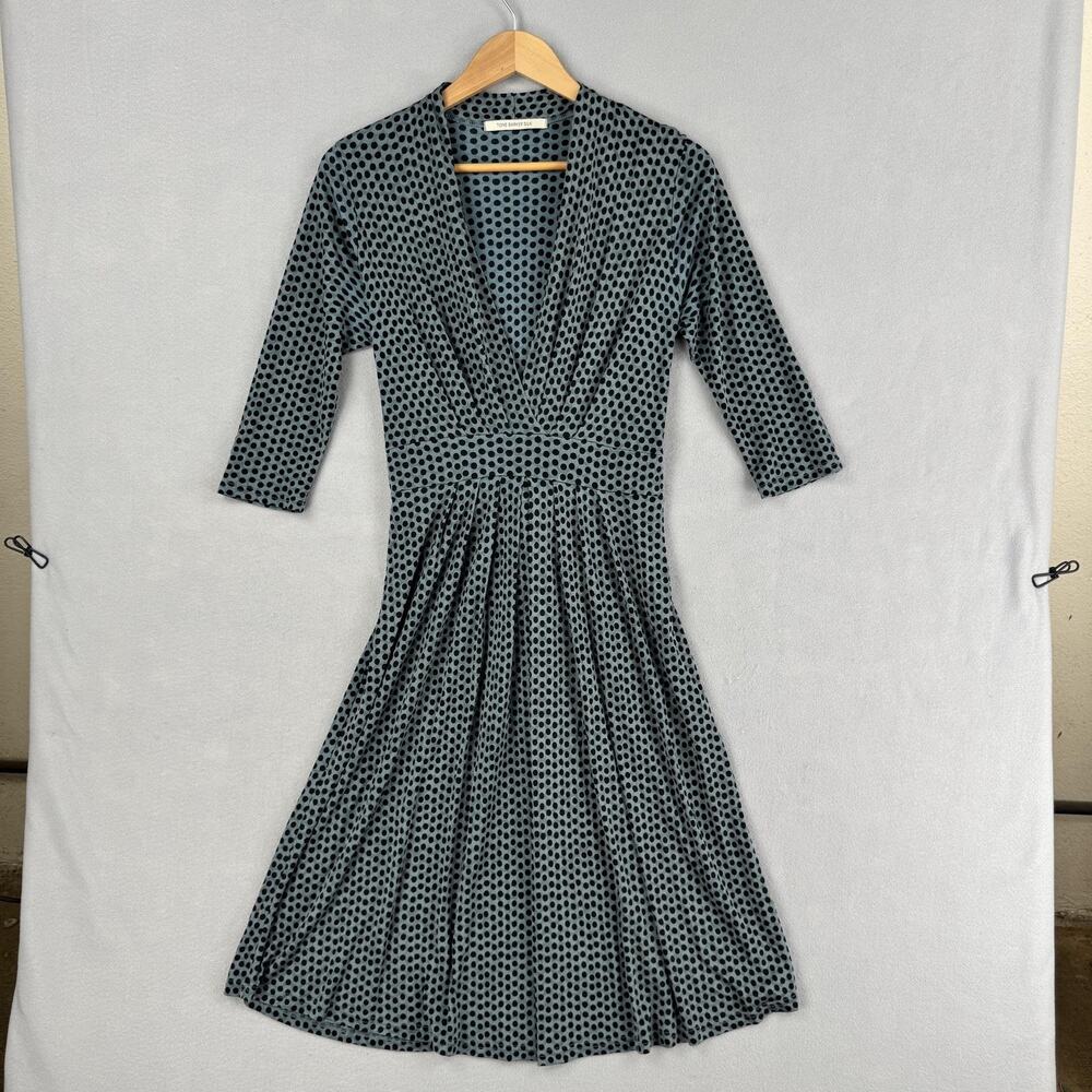 Tone Barker Silk Dress Womens XL Blue Polka Dot Wrap 3/4 Sleeve Midi Fit Flare